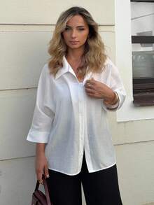 Jeta Ari Spring White Solid Batwing Sleeve White Shirt,Three Quarter Sleeve Tops - White - View 5