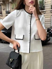 Chiquease Elegancka damska kurtka dojazdowa do pracy, swobodna, z kontrastowym wykończeniem - Biały - Zobacz 1