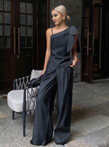 DAZY Women's Summer Asymmetrical Neck Bow Striped Patchwork Sleeveless Top And Loose Casual Wide Leg Pants Two Pieces Vacation Denim Set