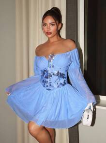 SHEIN SXY Schulterfreies, mit Pailletten besticktes Patchwork-Kleid in Blau mit Mini-Rüschensaum, Korsett-Oberteil-Kleid, Babyblaues Kleid, schulterfreies Kleid, Korsettkleid, Paillettenkleid, Y2k, Urlaubsoutfits Damen, schulterfreies Oberteil, Country-Konzert-Outfit, Club-Outfits Damen Sexy - Blau - Übersicht 7