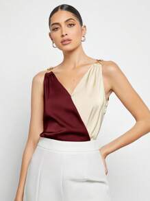 BizChic Women's Colorblock Patchwork Metal Decor Casual Blouse, Simple Urban Commuting Basic Style, Minimalist Fashion Elegant Business Casual For Women, Suitable For Teachers, Office, Weddings, Concerts - Burgundy - View 8