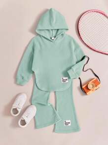 SHEIN Leap Crew 2 件装年轻女孩连帽套头衫，带不对称下摆和裤子套装 - 薄荷綠 - 查看 8