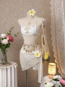 SHEIN Swim 2pcs/Set Women's Fashion Solid Color Beach Starfish Style Spaghetti Strap Backless Sexy Bikini Set For Summer Beach Vacation - White - View 3