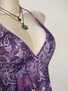 SHEIN ICON Plus Size Women Spring And Summer Going Out Vacation Casual Retro Printed Backless Halter Y2k V Neck Western Women Boho Beach Women Hippie Babydoll Top Purple - Purple - View 5