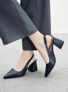 CUCCOO BIZCHIC 尖头粗高跟深蓝色系带简约女式浅口鞋，适合日常、通勤、工作装 - 藍色 - 查看 4