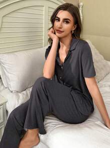 Lazeform Soft & Skin-Friendly Button Closure Top & Pants Fashionable Loungewear Pajama Set, Outfits - Dark Grey - View 5