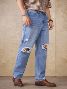 RivetRise Jeans dritti da uomo di colore blu chiaro consumati