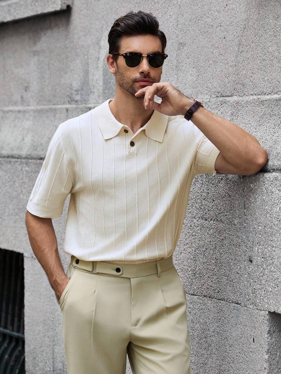 Manfinity Bizformal 男士夏季度假纯色 Polo 领短袖针织上衣 - 杏色 - 查看 1