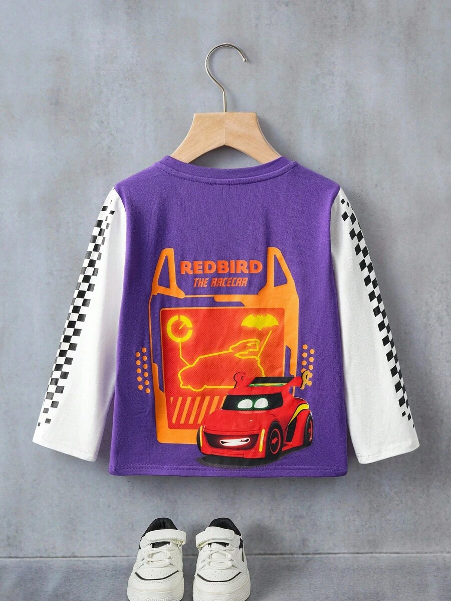 Batwheels X SHEIN Áo thun tay dài cổ tròn in hình xe hơi màu tương phản thường ngày cho bé trai - Nhiều màu - Xem 1
