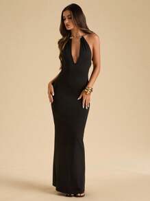 SHEIN BAE Vestido ajustado de verano para mujer con corte delantero y hebilla de metal sólido negro