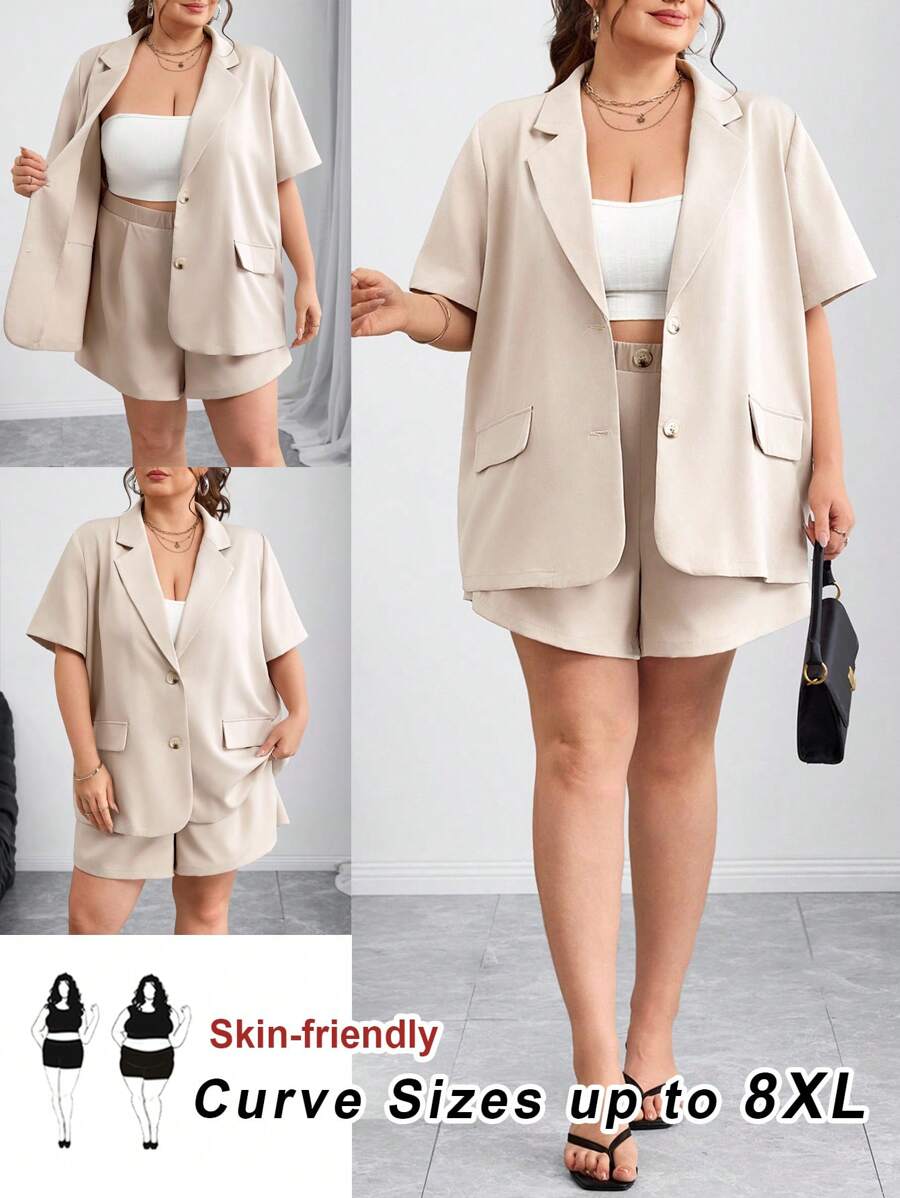 SHEIN CURVE+ Curve 大码/秋装/秋季女装/女士冬装/冬装大码女装夏秋装返校服装秋季服装商务女装新款时尚休闲通勤优雅商务休闲卡其色西装和卡其色裤子两件套短袖西装套装