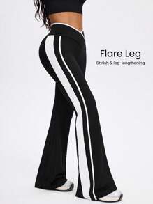 Easithlete 女式不对称腰侧条纹喇叭运动裤 - 黑與白 - 查看 3