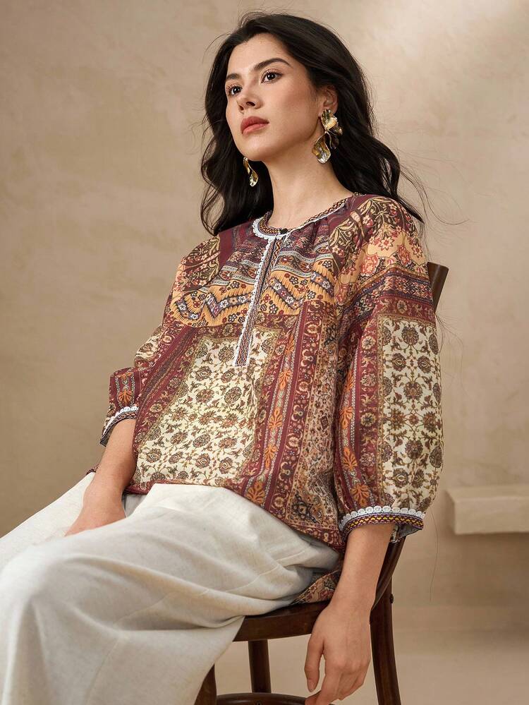 Women's Casual Vacation Style Patchwork Print Raglan Sleeve Loose Blouse, Spring/Summer/Autumn Boho