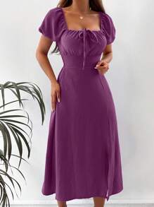EURMUSE Women's Solid Color Square Neck Short Puff Sleeve Front Tie Side Slit Hem Elegant Dress - Violet Purple - View 5