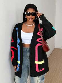 Maweii 大码女式印花宽松休闲开衫 - 黑色 - 查看 7