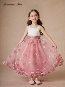 Glamorique Kids Young Girl Birthday Party Princess Dress Piano Performance Tulle Dress, Stylish Flower Girl Wedding Pageant Ceremony Show Outfit Pink Flower Girl Dresses Girls Pink Dress With 3d Flowers Long Dresses For Kids Long Flower Girl Dress