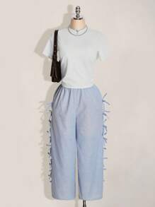 SHEIN ICON 大码蓝白休闲低腰侧系蝴蝶结条纹阔腿裤，适合日常穿着、毕业季、返校季、暑假、秋夏季