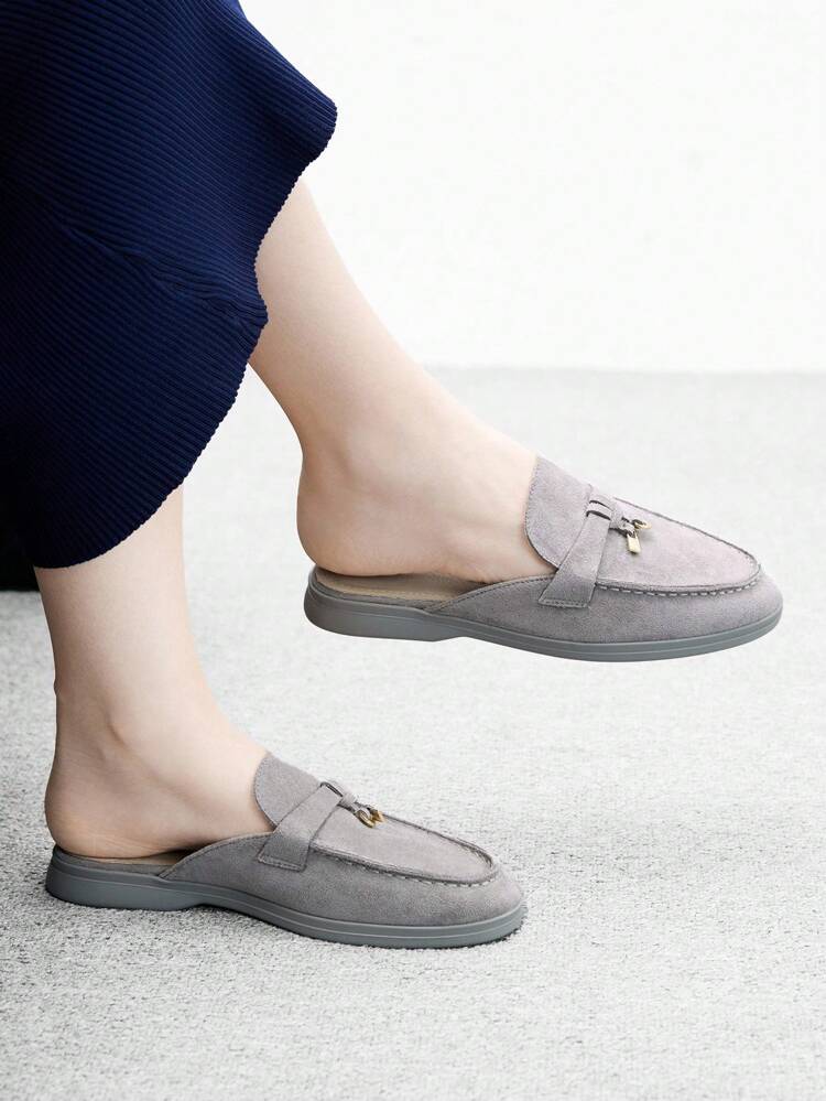 CUCCOO BIZCHIC Fashionable Gray Velvet Slip-On Flats, Comfortable Commuting Women Mules, Casual Daily Outdoor Walking Office Flat Shoes, Versatile For Christmas