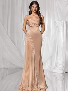 Coutiva Women's Rhinestone Embellished Criss-Cross Formal Evening Gown (Heavily Embellished),Women's Fashion Casual Autumn And Winter Sexy Party Wedding Birthday Back To Work Back To School Halloween Costumes, Gifts For Mom, Women's Autumn Suits Autumn Dress Autumn Skirt Winter Women's Clothing, Champagne Sequin Dress - Khaki - View 5