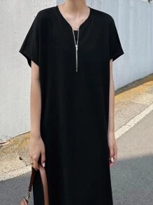 FRIFUL Đầm nữ tay ngắn màu trơn đơn giản khóa kéo kim loại mùa hè, đi nghỉ và tốt nghiệp - màu đen - Xem 3