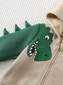 Cozy Pixies 1. 男婴卡通恐龙图案连帽拉链外套和松紧腰裤两件套，舒适休闲基础套装，适合室内、室外、日常穿着、运动、派对、节日、万圣节、圣诞节、新年、返校、情人节以及秋冬季的更多场合。