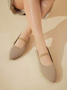 CUCCOO BASICS 女士尖头杏色平底舒适透气针织松紧带一脚蹬休闲平底鞋 - 杏色 - 查看 3