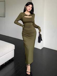 Celisse 女式夏季针织弹力修身长袖二合一 U 领装饰纽扣抽绳腰部褶皱开叉拼接设计优雅休闲长裙