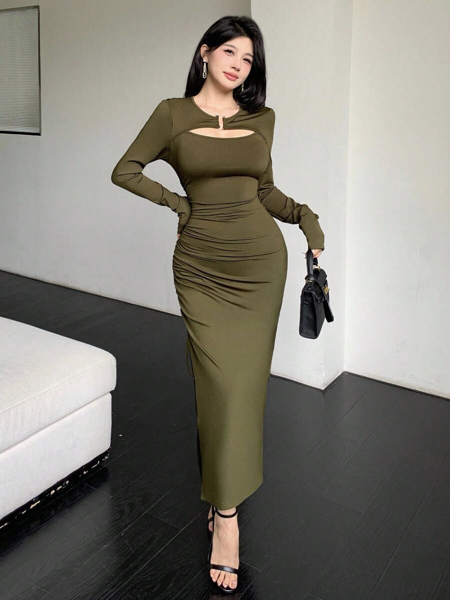 Celisse 女式夏季针织弹力修身长袖二合一 U 领装饰纽扣抽绳腰部褶皱开叉拼接设计优雅休闲长裙