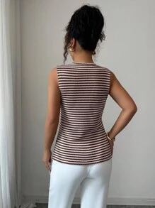 Elenzga 女式休闲条纹修身背心，夏季 - 卡其色 - 查看 2