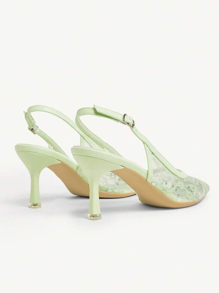 CUCCOO CHICEST Zapatos de mujer de tacón medio con punta afilada, bordados con lentejuelas y encaje elegante. Tacones altos de malla verde transparente y románticos, sexy y de moda, adecuados para ocasiones formales, fiestas, bodas y vacaciones.