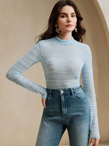 Anewsta 女士春夏性感紧身蕾丝长袖蓝色连体衣 - 藍色 - 查看 4