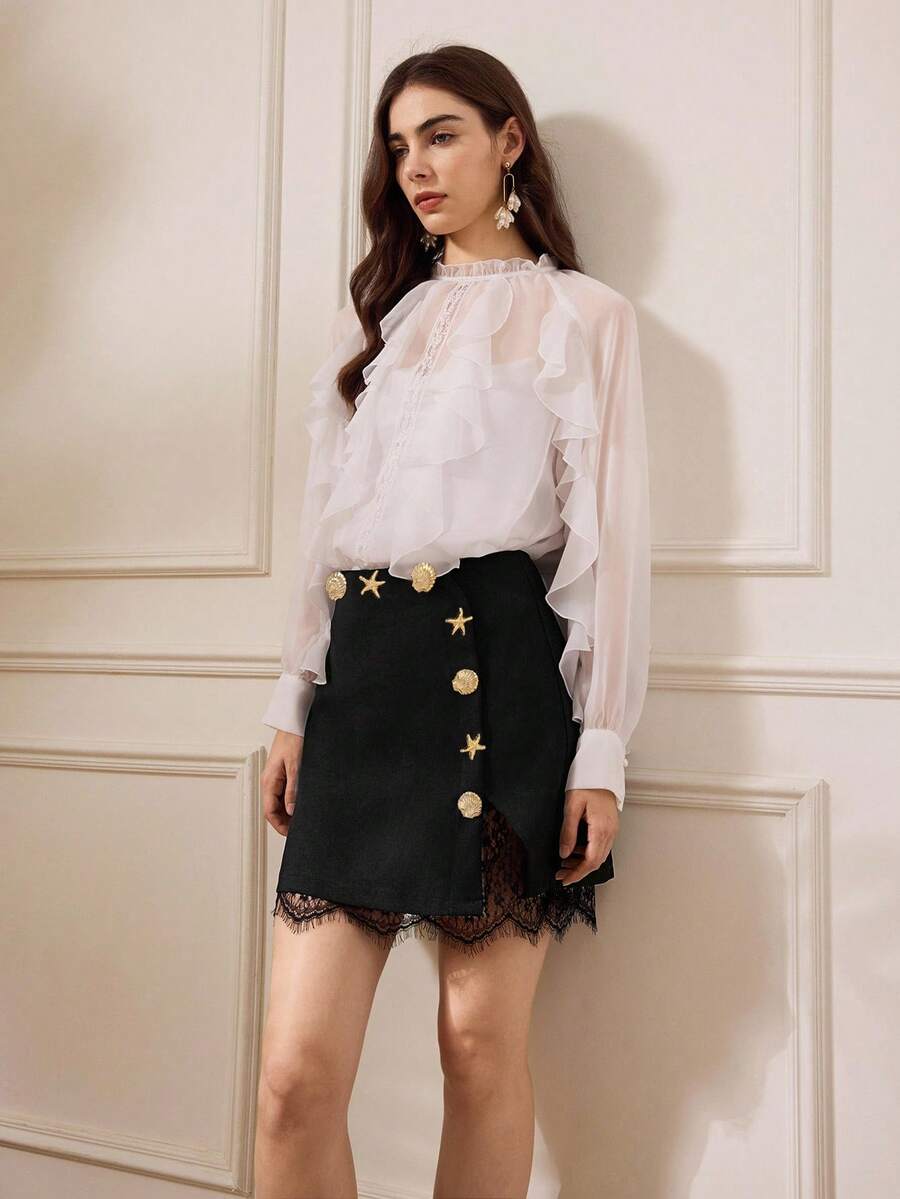 Briarwyn Saia feminina elegante com decoração floral metálica e contraste de renda, saia com acabamento em renda, roupas de outono para mulheres, saia preta estilo old money para mulheres - Preto - Ver 1