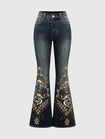 Jeans évasés taille basse pour femmes avec motif floral rétro hippie bohème occidental, broderie. Convient pour les concerts et festivals d'été
