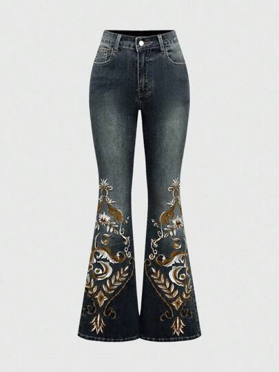 Western Bohemian Pattern Retro Hippie Floral Embroidery Skinny Women's Flare Low Waist Jeans, Suitable For Summer Concert Festival