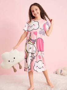 SHEIN Leap Crew Tween Girl Cartoon & Letter Graphic Lounge Dress
