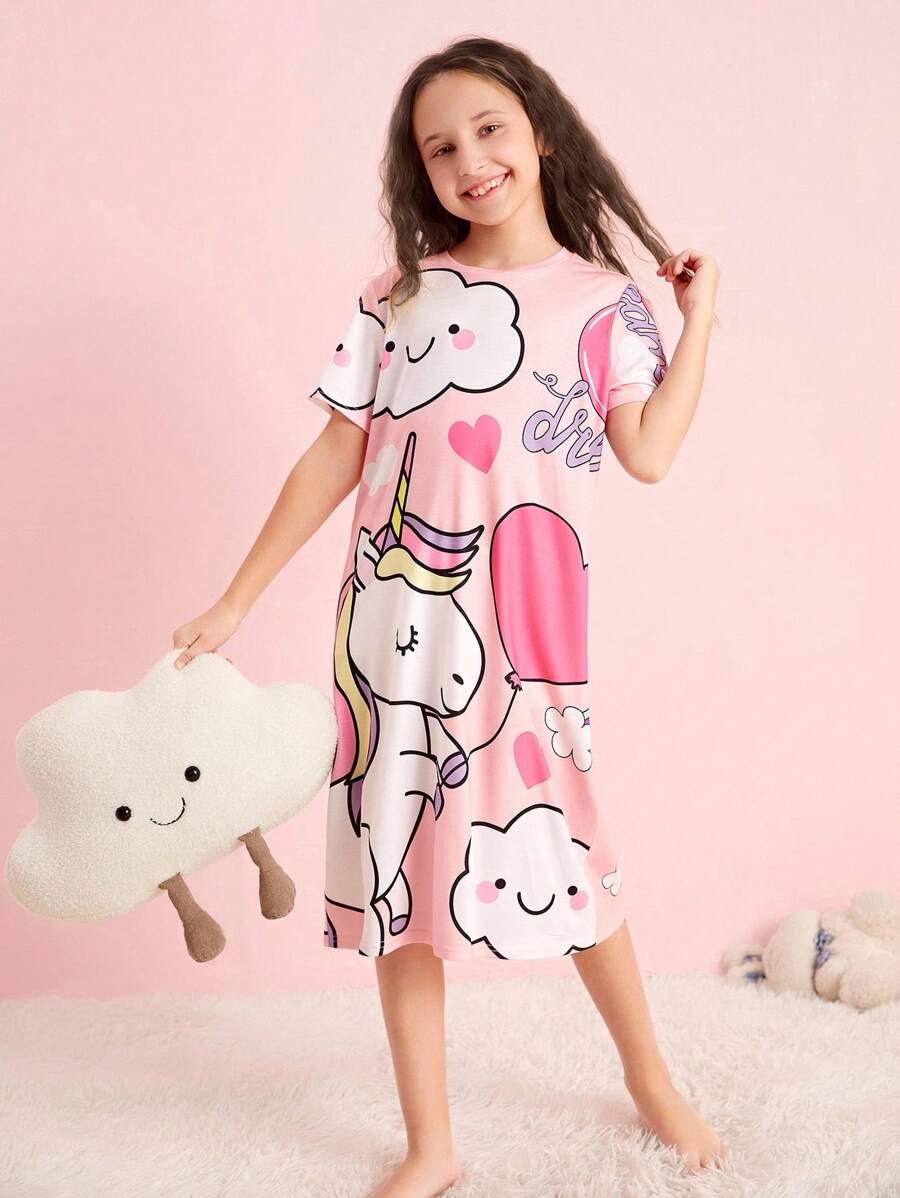 SHEIN Leap Crew Tween Girl Cartoon & Letter Graphic Lounge Dress