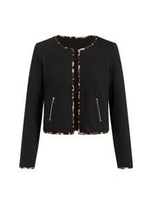 Gownix Contrast Leopard Print Trim Elegant Jacket, Suitable For Everyday Wear In Fall/Winter,Winter Clothes For Women - Black - View 6
