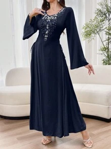 Al Najma Vestido casual de manga larga con decoración de perlas falsas, de estilo árabe modesto para mujer - Azul Marino - Ver 6