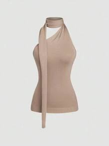 Celisse Necktie Loose Shoulder Back Elastic Soft Comfortable High Waist Halter Versatile Elegant Sexy Knitted Top, Suitable For Multiple Occasions' - Khaki - View 7