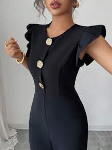 Rafferiza Front Zip Closure, Flutter Sleeves, Metal Buttons, Jumpsuit - Black - View 3