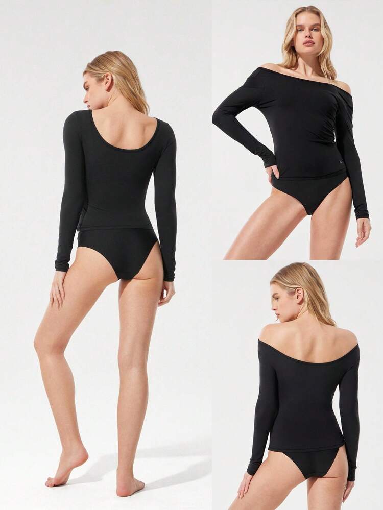 Flow & Glow Soft Stretchy Lightweight Slim Fit Double Layer Reversible Scoop Neck Long Sleeve Top Base Layer Daily Casual Wear