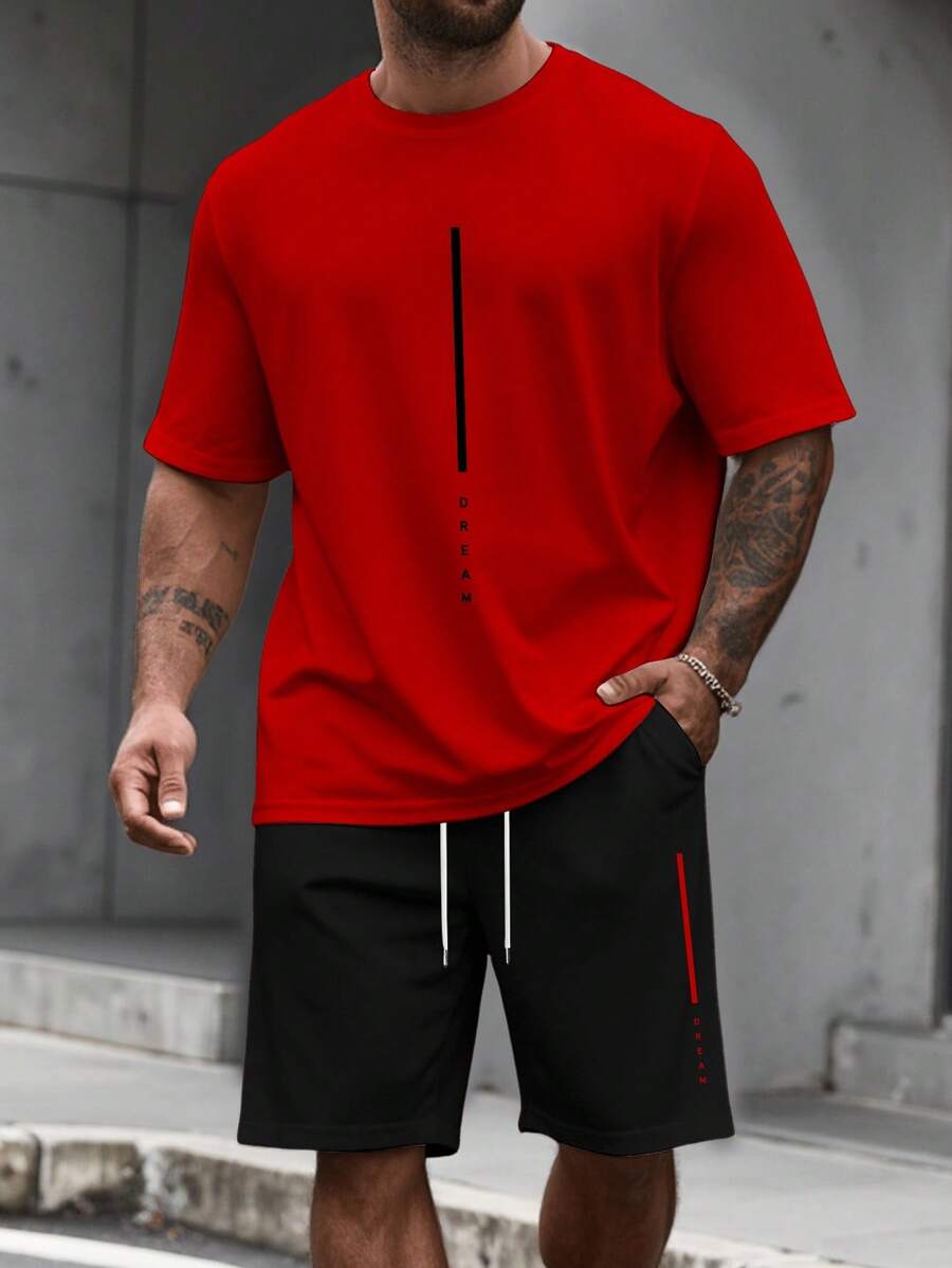 Manfinity Homme Herren Große Größen Set aus Rundhals Kurzarm Lässig T-Shirt mit Buchstaben-Muster und Shorts mit Kordelzug Taille - Verschiedenfarbig - Übersicht 1