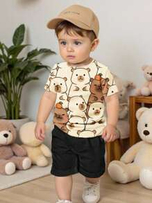 SHEIN 2 件套男婴休闲简约圆领短袖 T 恤和短裤套装，适合夏季 - 彩色 - 查看 1