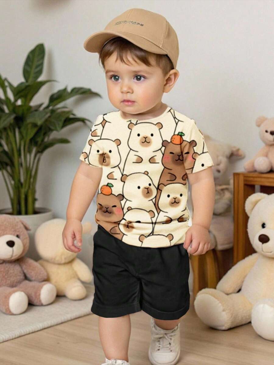 SHEIN 2 件套男婴休闲简约圆领短袖 T 恤和短裤套装,适合夏季 - 彩色 - 查看 1