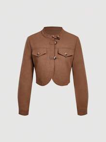 SHEIN MOD 女士拉链短款秋季外套，休闲拉链常规袖立领修身咖啡棕色纯色女式外套，适合秋冬季日常休闲穿着、外出、锐舞派对等场合。 - 黃色 - 查看 3