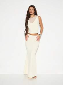 KIZN Sleeveless Cowl Neck Crop Top Evening Party Club Mesh Insert High Fashion Modern Chic Elegant Summer Spring Tank Blouse - Yellow - View 5