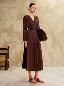 Revavyn Revavyn Women's Elegant Coffee Brown Autumn V-Neck Ruched Metal Button Waist Cinched Long Sleeve Maxi Dress,Urban Chic Brunch Outfits Maillard Style Clothes - Brown - View 5