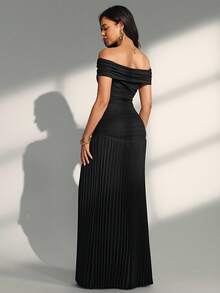 Almamuse Black Textured Splice Pleated One Shoulder Elegant Dress, Spring/Summer - Black - View 6
