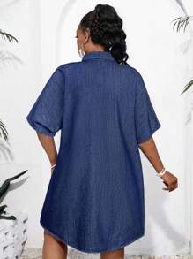 SHEIN Tall CURVE 大码女式蓝色牛仔衬衫裙 - 深色水洗藍 - 查看 2