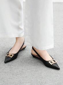 CUCCOO BIZCHIC 女士新款方扣尖头低跟平跟奇特鞋跟通勤风格百搭舒适黑色女士平底一脚蹬鞋，适合工作装 - 黑色 - 查看 4